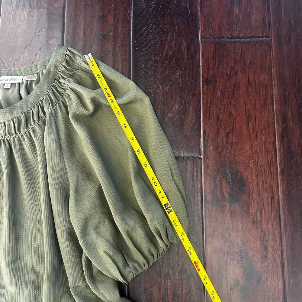 Calvin Klein Olive Green balloon sleeve blouse Women size L flowy office Career - Picture 5 of 7